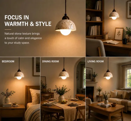 Vista 3 de Lámpara colgante de travertino natural con globo de vidrio esmerilado, moderna lámpara colgante Wabi Sabi para isla de cocina, comedor, dormitorio
