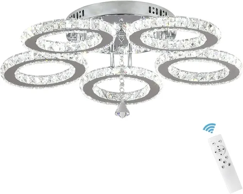 Vista 12 de Deckrico Moderno candelabro de cristal de montaje empotrado, lámpara de techo colgante de acero inoxidable de 3 anillos redondos para sala de estar