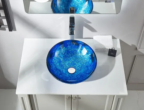 Vista 4 de Blue OceanMystery Series - Fregadero de baño de vidrio templado decorativo en azul estrellado Fregaderos de montaje superior sobre encimera