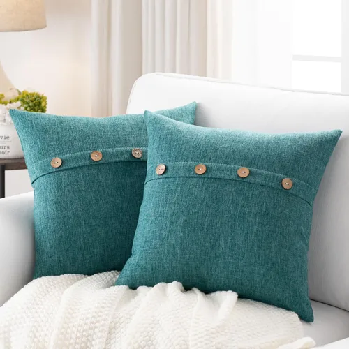 Vista 10 de Meekio Juego de 2 Fundas de Almohada Verde Aqua de 16 x 16 Fundas de Almohada de Lino con Botones de Coco Decoración de Granja Regalos