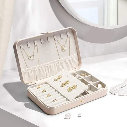 Vista 5 de Vlando Joyero de viaje para mujer, organizador de joyas de cuero portátil, para collares, aretes, anillos, pulseras, tamaño pequeño, regalos