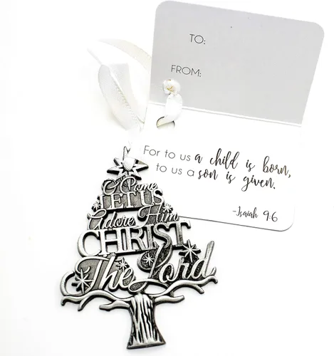 Vista 3 de Adorno colgante de Navidad grabado en forma de árbol de metal plateado con texto en inglés "O Come Let Us Adore Him Christ the Lord", 2.75 pulgadas