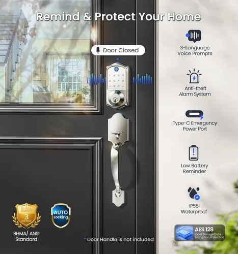 Vista 7 de Veise VE017G - Cerradura de puerta de entrada sin llave Wi-Fi, control remoto de aplicación y control de voz, cerraduras inteligentes de huellas
