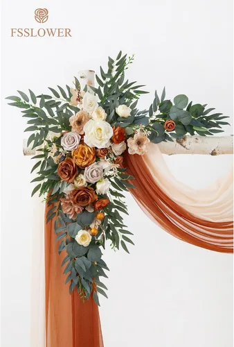 Vista 4 de Kit de flores para arco de boda con cortinas (paquete de 4) – 2 guirnaldas artificiales de terracota de lujo con 2 cortinas transparentes