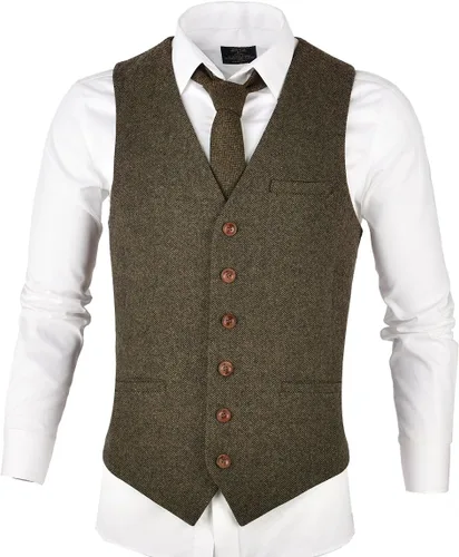 Vista 2 de VOBOOM - Chaleco entallado de mezcla de lana para hombre, con diseño de espiguilla, de tweed
