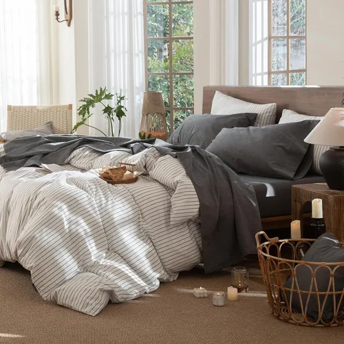 Vista 7 de MooMee Sábana bajera ajustable únicamente, 100% algodón lavado con textura tipo lino, transpirable, duradera, suave, cómoda, bolsillo profundo se