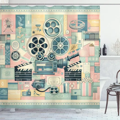 Vista 3 de Ambesonne Cortina de ducha para amantes del cine, obra de arte cinéfilo de película retro con ruedas y tablilla, juego de decoración de baño de tela