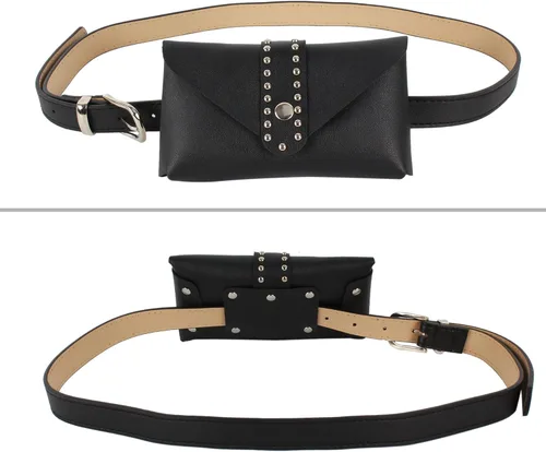 Vista 3 de Riñonera con remache punk para mujer, con cinturón, bolsa para teléfono celular, para viajes, entrenamiento, correr, senderismo