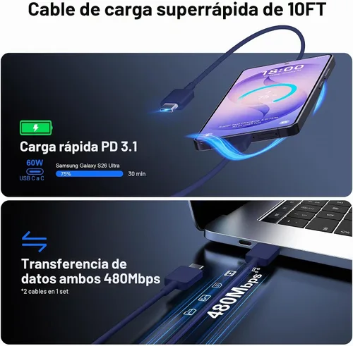 Vista 5 de Cargador USB C súper rápido de 60 W, cargador tipo C, bloque de carga rápida para teléfono Android con cable de carga rápida USB C de 10 pies