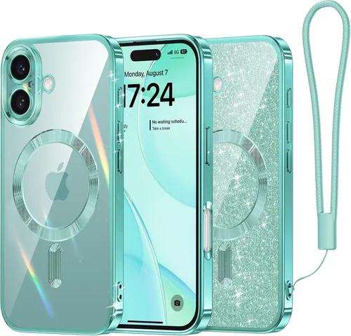 Vista 25 de Meifigno - Funda diseñada para el iPhone 16 Pro de 6.3", [Tarjeta de purpurina y correa para la muñeca] [Compatible con MagSafe]