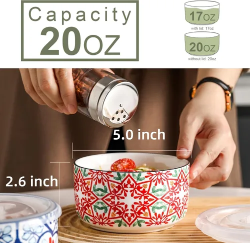 Vista 3 de Cuenco de cerámica con tapa, apto para microondas, juego de 4 Food Storage Containers for Soup, Meal Prep, Cereal, Salad Leftovers - Picnic