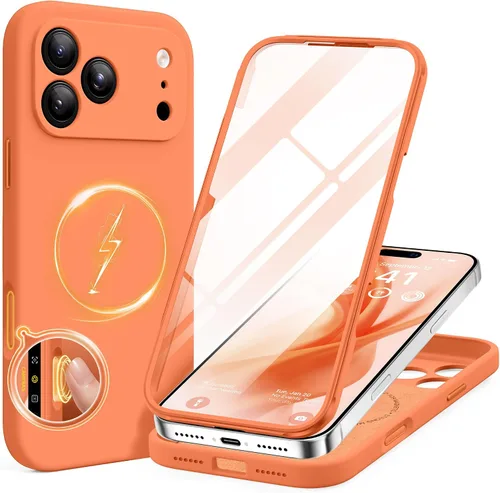 Vista 96 de BERFY Funda para iPhone 17 Pro Max, compatible con MagSafe, protector de pantalla de vidrio integrado, protección de cámara, funda de cuerpo