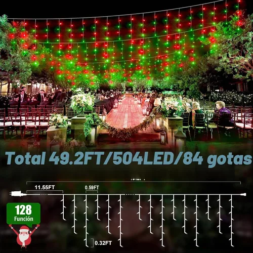 Vista 2 de Luces de carámbano de Navidad de 49 pies, 128 funciones, para exteriores, con 504 LED, 8 modos y temporizador, cortina de luces para exteriores