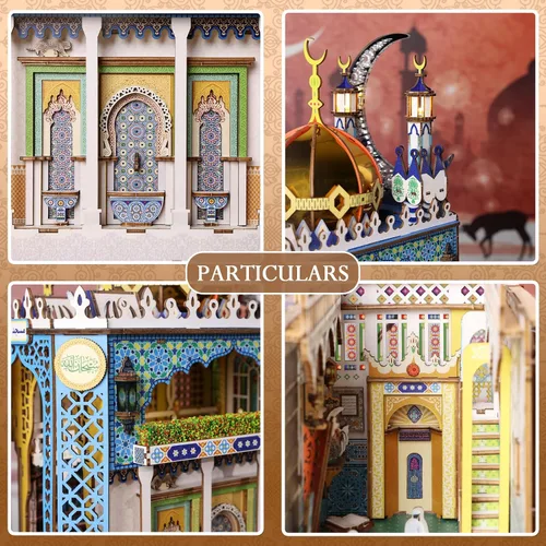 Vista 3 de Kit de Rincón de Libros DIY, Rompecabezas de Madera 3D Mezquita en Miniatura Booknook Sujetalibros Decoración de Estantería con Luz LED, La Casa