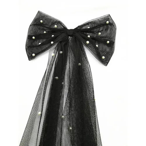 Vista 2 de Clip de velo de velo para novia, horquillas de velo con pinzas para el cabello con lazo de malla de perlas (negro)