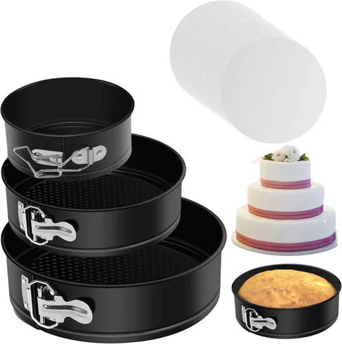 Vista 10 de MASSUGAR Springform - Paquete de 4 moldes para pasteles pequeños de 4 pulgadas con 50 forros de papel pergamino, sartén antiadherente a prueba