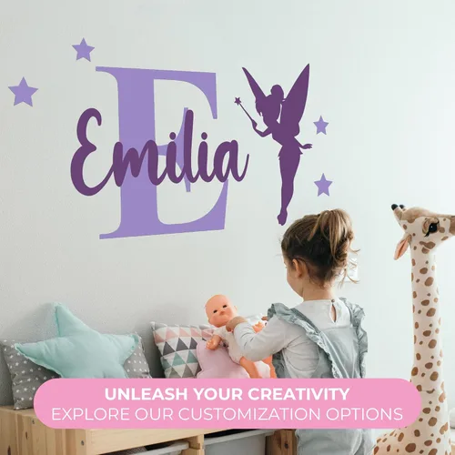 Vista 5 de CRYPTONITE Calcomanías de vinilo personalizadas con nombre e inicial de Campanilla – Decoración de dormitorio de niña – Calcomanías de pared de A.