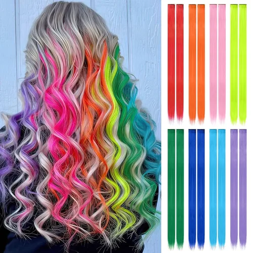 Vista 30 de FESHFEN Juego de 12 extensiones de cabello con clip, color negro, con clip, con purpurina, kit de accesorios coloridos para mujeres, de 20 pulgadas