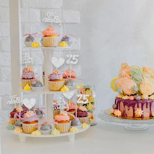 Vista 5 de Gyufise 24 adornos plateados para cupcakes de 25 aniversario, boda, aniversario de 25 años, decoración de pastel de corazón para 25 decoraciones