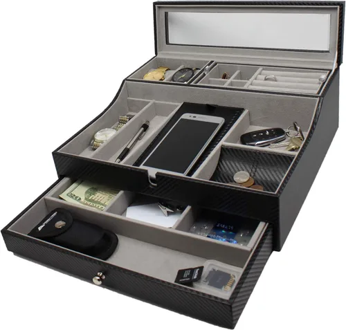 Vista 7 de Bandeja organizadora elegante para hombre para teléfono relojes lentes de sol joyas cartera anillos collar