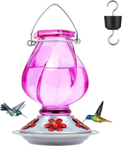 Vista 16 de BOLITE - Alimentador de colibríes, de vidrio soplado a mano, para colgar en exteriores, con trampa para hormigas y 5 puertos de alimentación, 22
