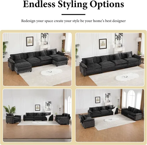 Vista 16 de Sofá seccional modular verde de 111.5", sofás seccionales grandes de 3 plazas para sala de estar, sofá nube oversized de tela chenille con otomana