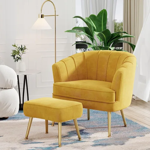 Vista 11 de Andeworld Silla decorativa de terciopelo con otomana, sillón de barril Beige