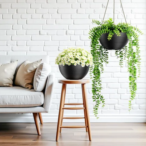 Vista 4 de Asnext Maceta colgante de 10 pulgadas con patrón de línea para plantas de interior y exterior, paquete de 2 macetas colgantes redondas para plantas