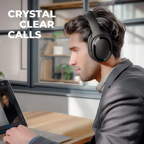 Vista 4 de MOVSSOU Auriculares híbridos con cancelación activa de ruido, auriculares Bluetooth inalámbricos sobre la oreja con micrófono, graves profundos