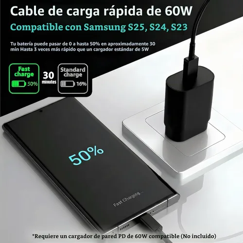 Vista 3 de Paquete de 3 cables de carga rápida USB C a USB C para cable cargador Negro 1x3ft+1x6ft+1x10ft-5A