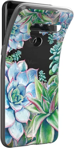 Vista 2 de Mertak Funda transparente compatible con LG Stylo 6 5 4 K61 K51S K41S K30 K20 Q70 Q60 diseño azul ligero flexible diseño suculento mujeres hojas