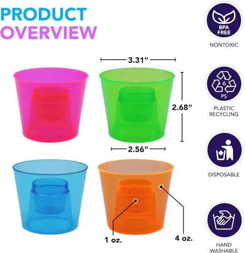 Vista 2 de Party Essentials Vasos bombarderos de plástico duro de 4 onzas, neón surtidos, 12