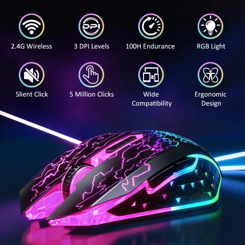 Vista 2 de VersionTECH. Ratón inalámbrico para juegos, recargable, con luces LED coloridas, clic silencioso, receptor USB nano 2.4G, 3 niveles de DPI para PC