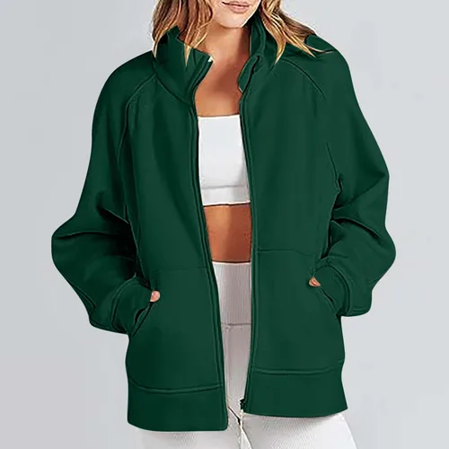 Vista 9 de Ceboyel Sudaderas con capucha y cremallera para mujer, a la moda, color sólido, sudadera holgada con cremallera, ropa de moda cómoda