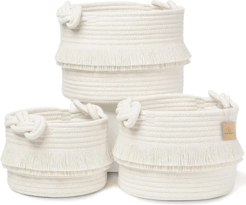 Vista 12 de NaturalCozy - Juego de 3 piezas de cestas de almacenamiento de decoración boho - Cestas tejidas de cuerda de algodón para organizar! Cosas pequeñas