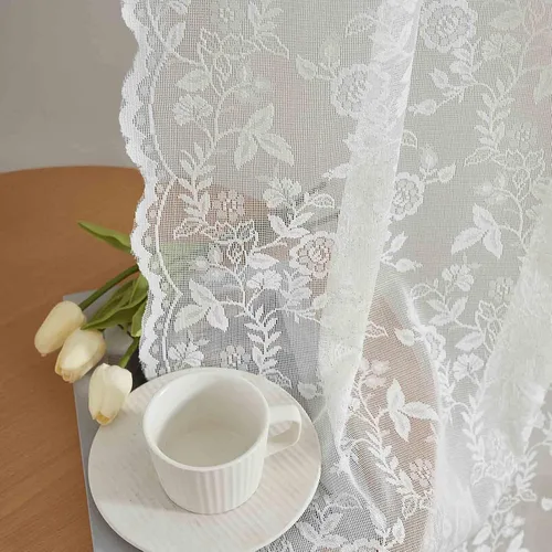 Vista 26 de FINECITY 2 paneles de cortinas de encaje beige de 36 pulgadas de largo con hojas florales rústicas, cortinas cortas y transparentes para ventana