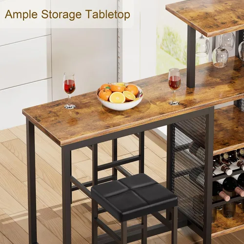 Vista 6 de VECELO Juego de mesa y sillas de bar para 2, juego de comedor de 3 piezas con estantes de almacenamiento, portavasos y estante para vinos, taburetes