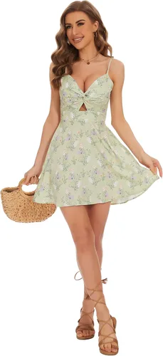 Vista 2 de KICZOY Vestido corto con lazo frontal para mujer, con lazo en la espalda, tirantes delgados, vestido floral de verano acampanado