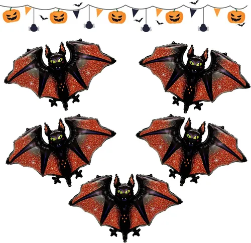 Vista 10 de 5 globos inflables de murciélagos de Halloween con diseño de murciélagos negros, decoraciones inflables de Halloween, día de la muerte, globos