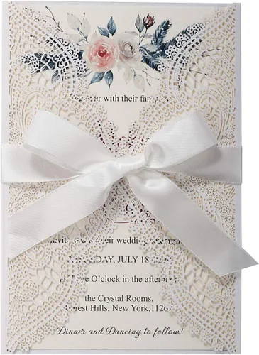 Vista 9 de 5.12 x 7.28 pulgadas, 50 unidades de invitaciones de boda de encaje hueco en blanco rosa con sobres y perlas Bowknot tarjetas de invitación de Rosado