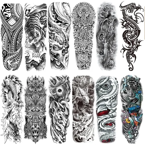 Vista 8 de Tatuaje temporal de brazo completo de Halloween para hombres y mujeres, 12 hojas de tatuajes temporales de manga de esqueleto de calavera, tatuajes