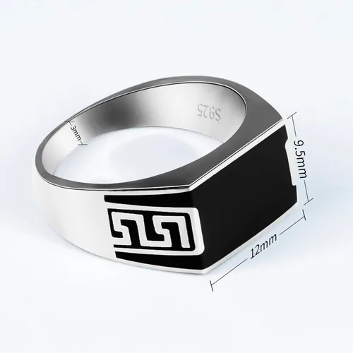 Vista 6 de AROTOROM 925 Sterling Silver Ring with Solid Rectangle Signet Black Enamel Ring, Turkish Classic Design Handmade Jewelry,Fashion Signet Ring