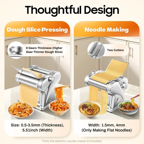 Vista 3 de Máquina eléctrica para hacer pasta, rodillo de masa eléctrico comercial, grosor de fideos, acero inoxidable ajustable, 135 W, máquina para hacer