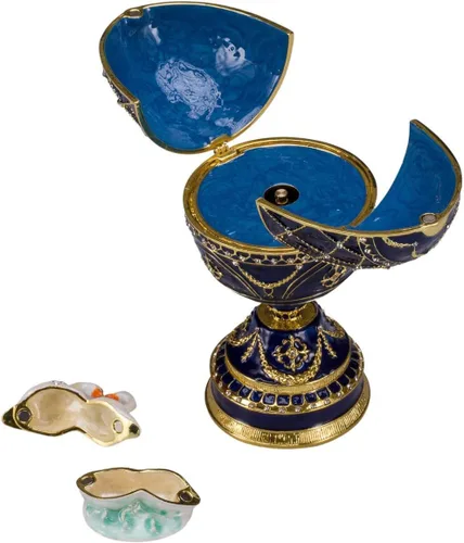 Vista 3 de Caja de música estilo FabergeJoyero con dos cisnes 6.8'' (6.7 in) azul