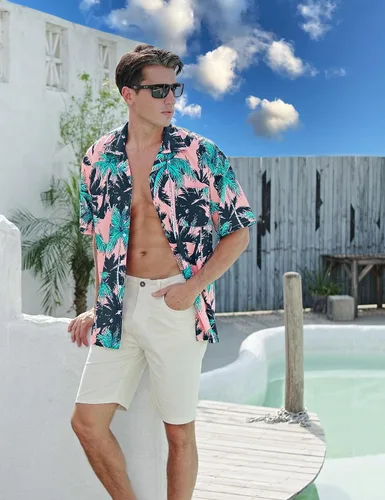 Vista 2 de BOJIN Camisas hawaianas de manga corta con botones para hombre, camisas casuales de verano, estampado floral tropical, camisas de playa Aloha