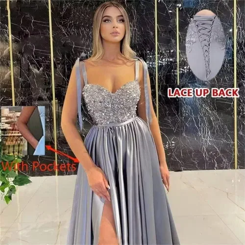 Vista 4 de Vestido de fiesta de lentejuelas brillantes con abertura y tirantes delgados, vestido de noche formal para boda, dama de honor con bolsillos