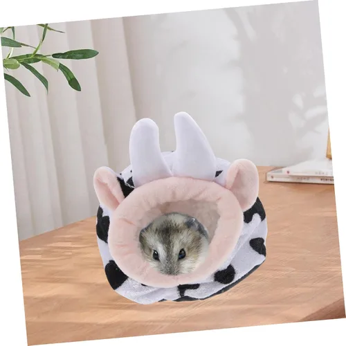 Vista 3 de VILLCASE Hámster de algodón para mascotas, acogedor escondite para conejillos de indias, cama de algodón cálida y adorable con estampado de vaca
