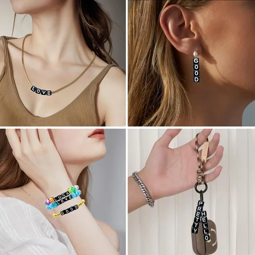 Vista 6 de Looconi 800 cuentas de letras negras cuadradas de 0.236 in de acrílico para hacer joyas DIY collar pulsera