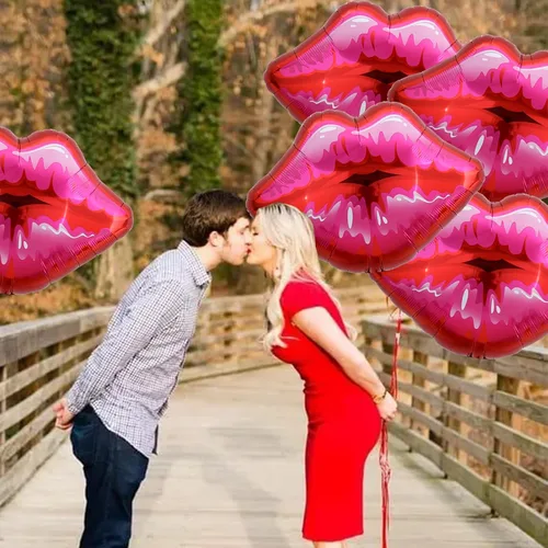Vista 5 de Paquete de 10 globos grandes de labios rojos y rosados, globos de corazón para decoración de fiestas temáticas de maquillaje, aniversario, Kiss the