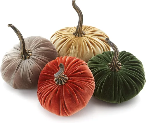 Vista 22 de Juego de 4 pequeñas calabazas de franela de terciopelo y algodón, decoración a cuadros de búfalo blanco y negro, estantes de calabaza negra